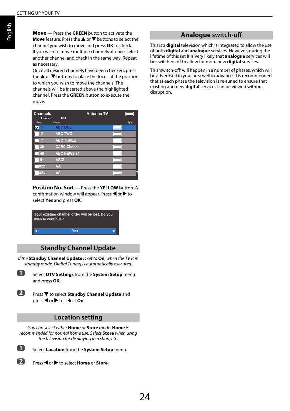 Standby channel update, Location setting, Analogue switch-off | Standby channel update location setting | Toshiba SL980 User Manual | Page 24 / 90