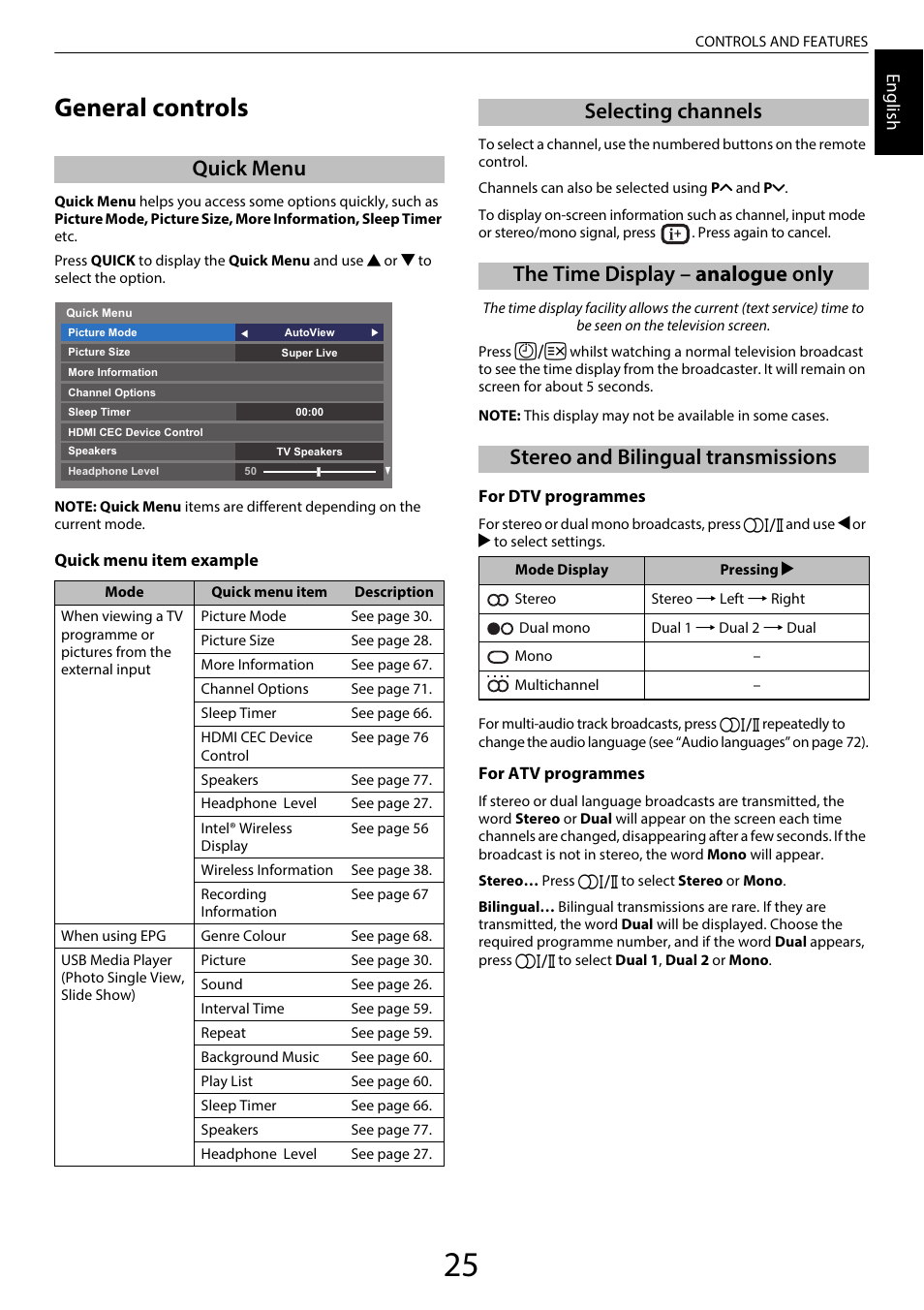 Controls and features, General controls, Quick menu | Selecting channels, The time display – analogue only, Stereo and bilingual transmissions, Engl ish | Toshiba SL980 User Manual | Page 25 / 90