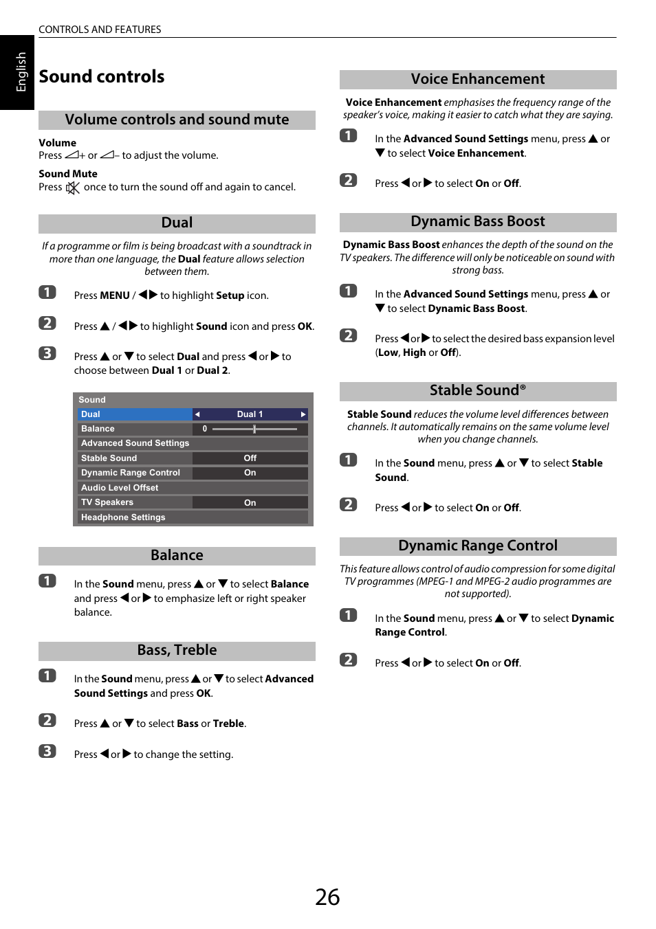 Sound controls, Volume controls and sound mute, Dual | Balance, Bass, treble, Voice enhancement, Dynamic bass boost, Stable sound, Dynamic range control | Toshiba SL980 User Manual | Page 26 / 90