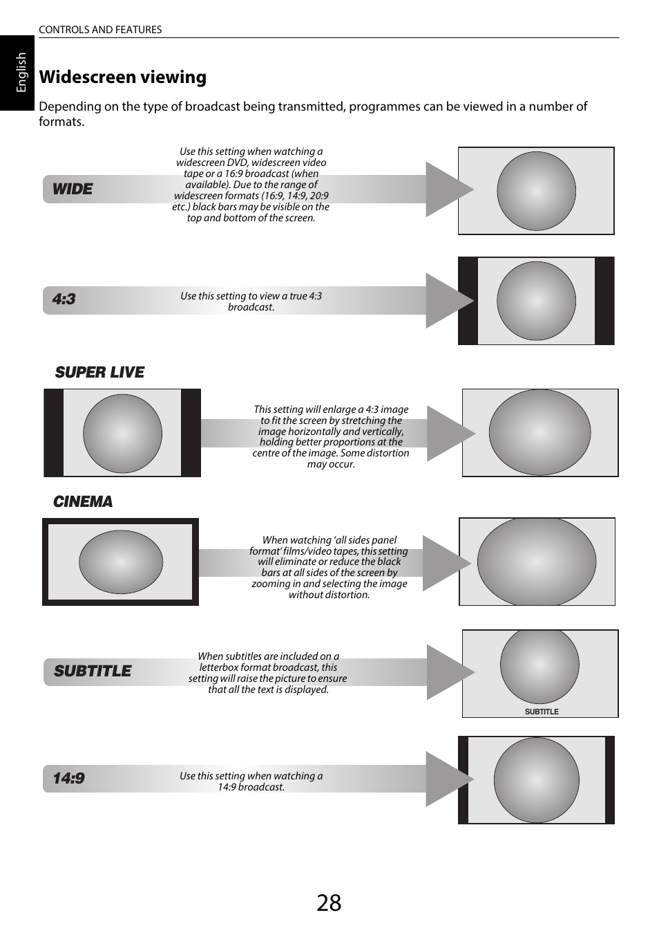 Widescreen viewing, Subtitle, Super live | Cinema, Wide | Toshiba SL980 User Manual | Page 28 / 90