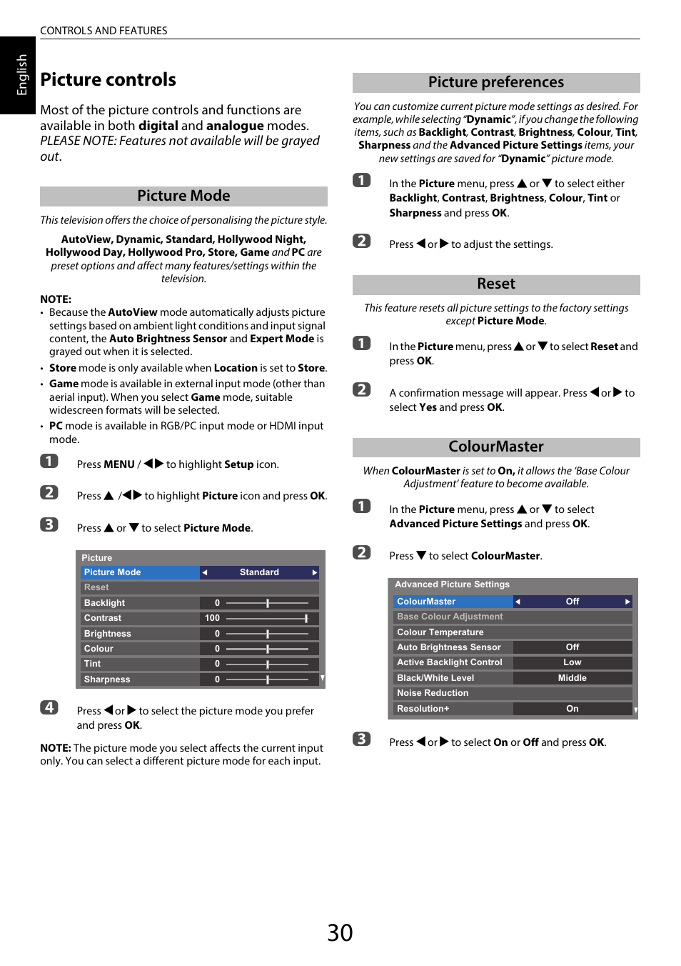 Picture controls, Picture mode, Picture preferences | Reset, Colourmaster, Picture preferences reset colourmaster | Toshiba SL980 User Manual | Page 30 / 90