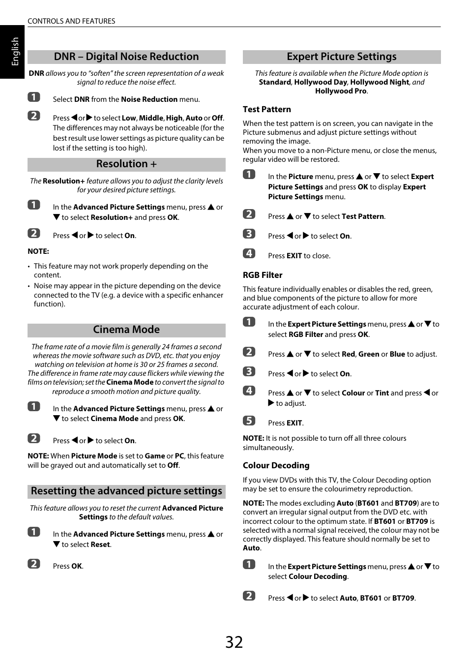 Dnr – digital noise reduction, Resolution, Cinema mode | Resetting the advanced picture settings, Expert picture settings | Toshiba SL980 User Manual | Page 32 / 90