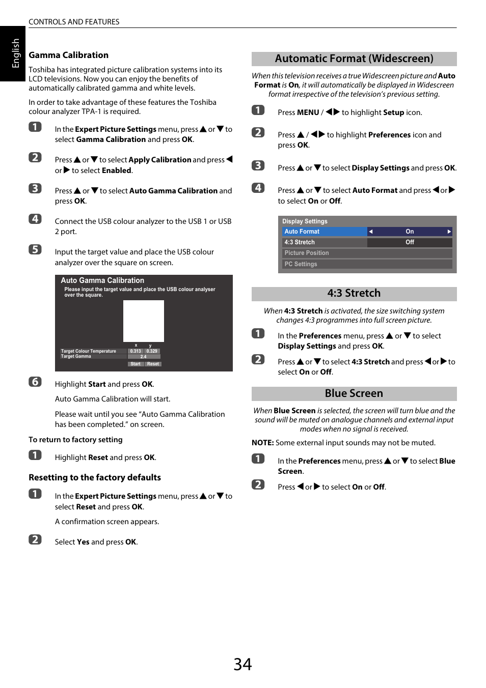 Automatic format (widescreen), 3 stretch, Blue screen | Toshiba SL980 User Manual | Page 34 / 90