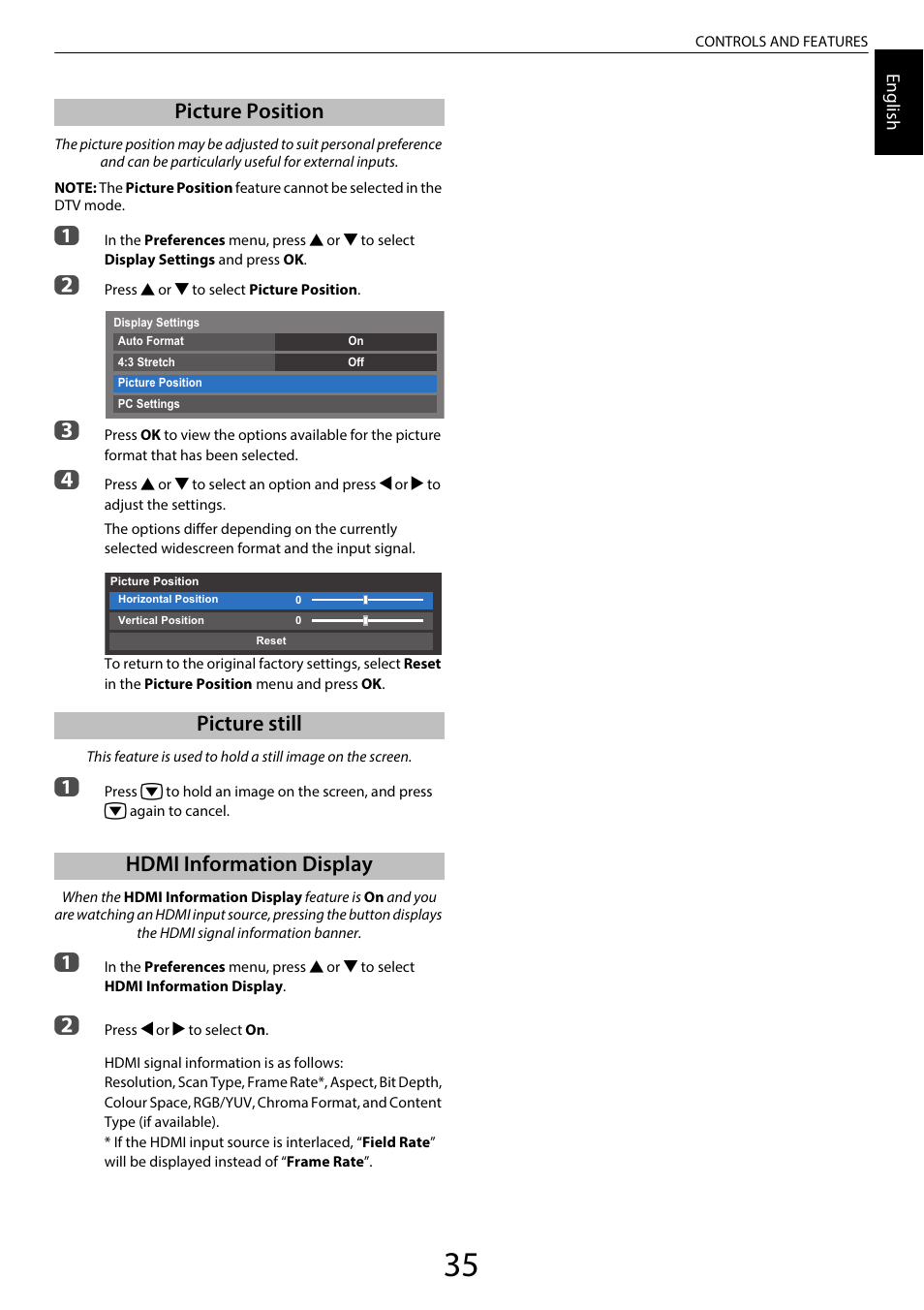 Picture position, Picture still, Hdmi information display | Toshiba SL980 User Manual | Page 35 / 90