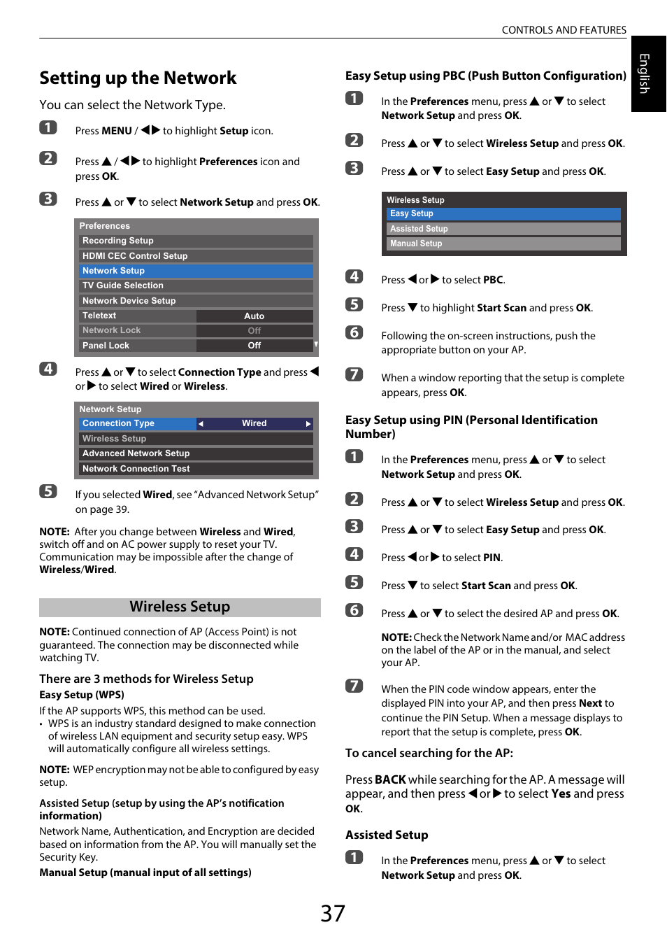 Setting up the network, Wireless setup | Toshiba SL980 User Manual | Page 37 / 90