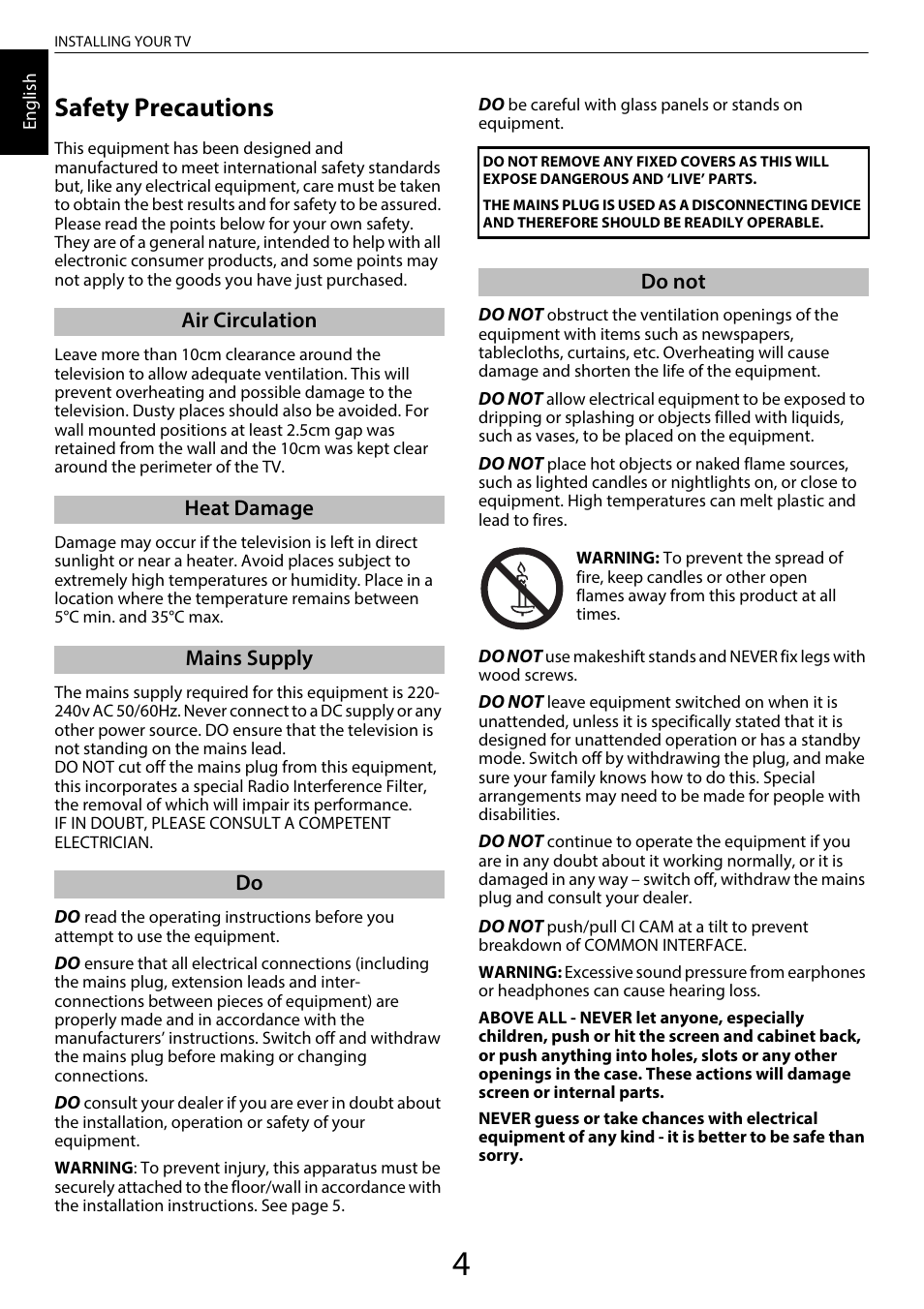 Installing your tv, Safety precautions | Toshiba SL980 User Manual | Page 4 / 90