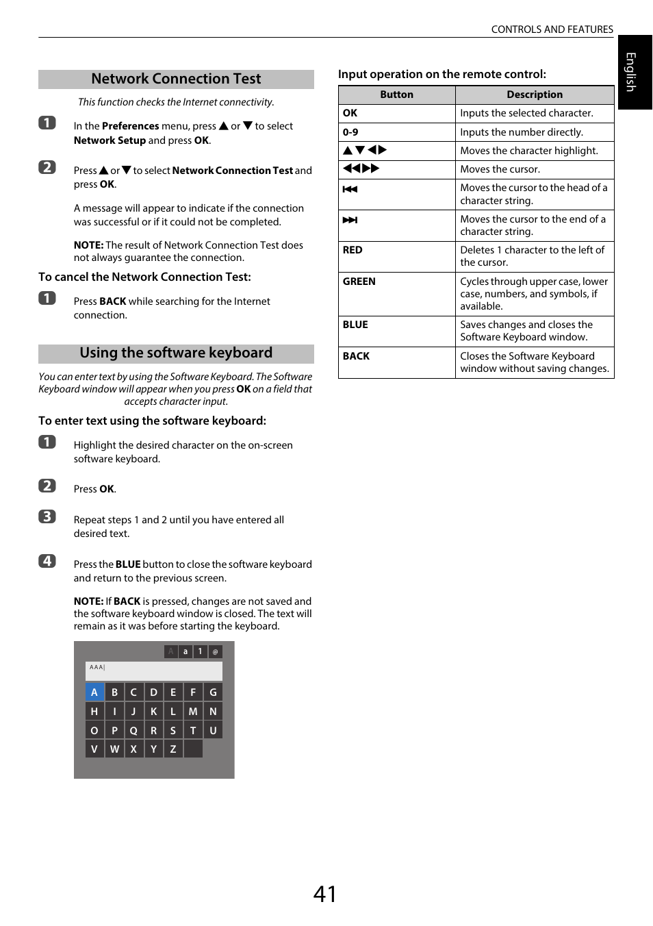 Network connection test, Using the software keyboard | Toshiba SL980 User Manual | Page 41 / 90