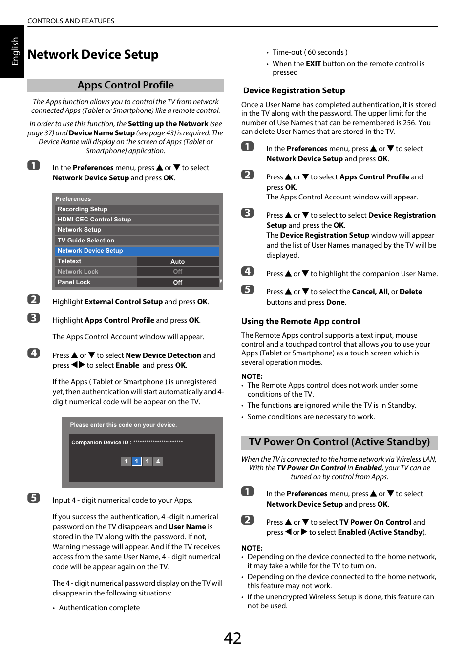 Network device setup, Apps control profile, Tv power on control (active standby) | Toshiba SL980 User Manual | Page 42 / 90