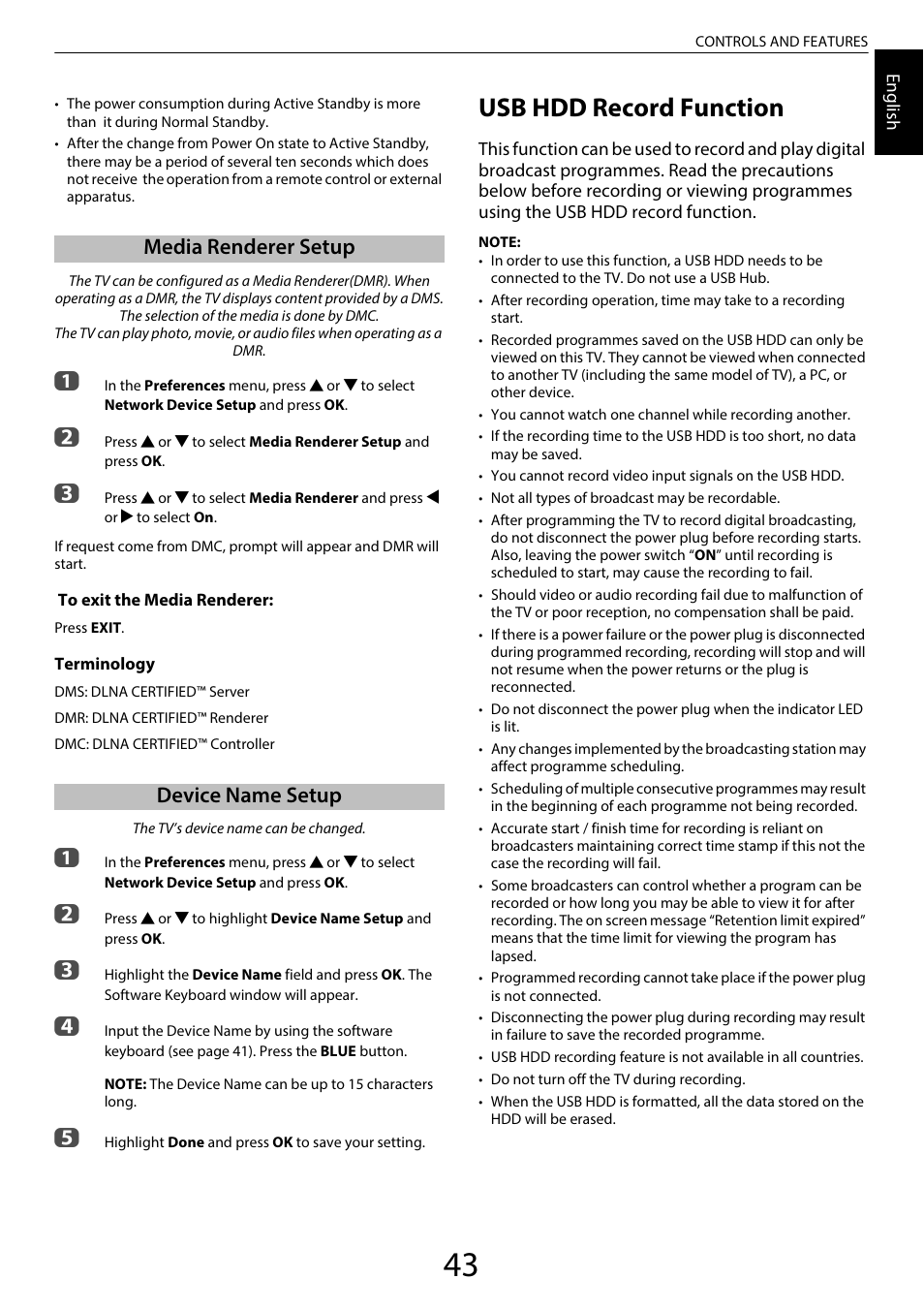 Media renderer setup, Device name setup, Usb hdd record function | Media renderer setup device name setup | Toshiba SL980 User Manual | Page 43 / 90