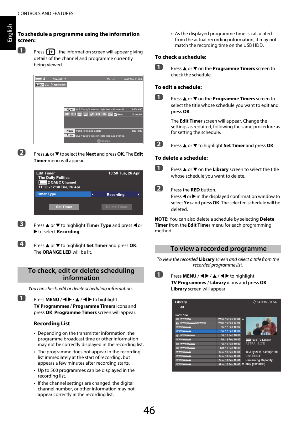 To check, edit or delete scheduling information, To view a recorded programme, En glis h | Recording list | Toshiba SL980 User Manual | Page 46 / 90