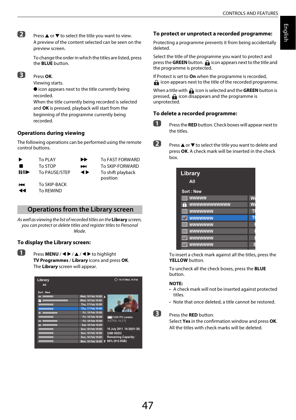 Operations from the library screen, Engl ish, Operations during viewing | Library | Toshiba SL980 User Manual | Page 47 / 90