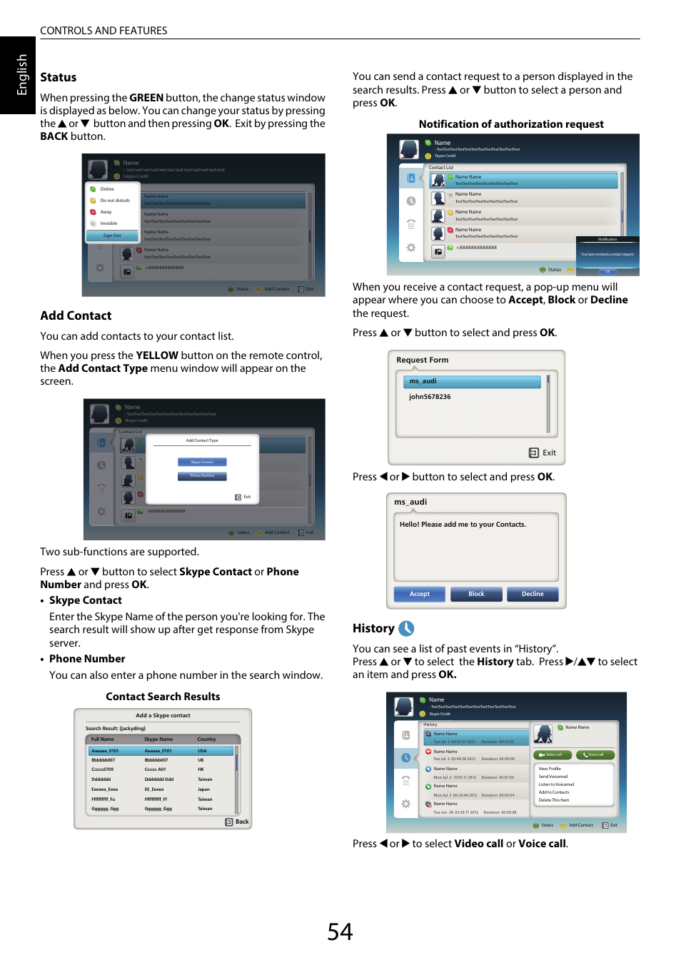 En glis h, Status, Add contact | History, Controls and features, Contact search results, Notification of authorization request | Toshiba SL980 User Manual | Page 54 / 90