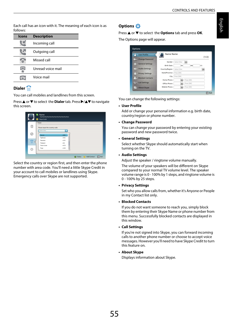 Engl ish, Dialer, Options | Controls and features | Toshiba SL980 User Manual | Page 55 / 90