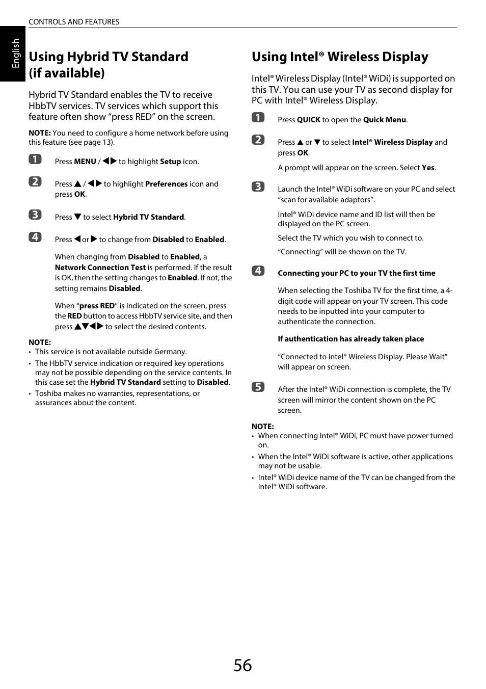 Using hybrid tv standard (if available), Using intel® wireless display | Toshiba SL980 User Manual | Page 56 / 90