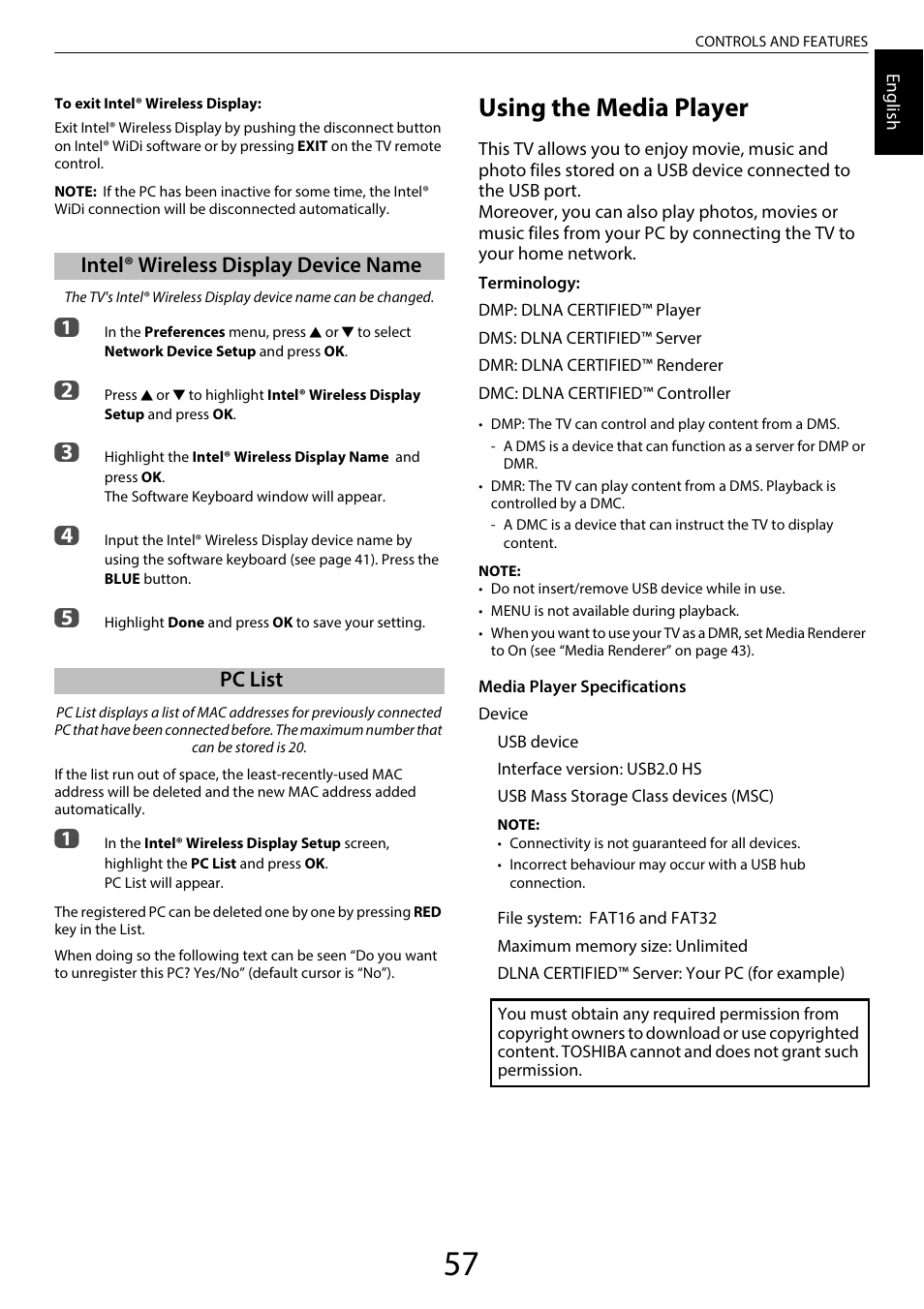 Intel® wireless display device name, Pc list, Using the media player | Intel® wireless display device name pc list | Toshiba SL980 User Manual | Page 57 / 90