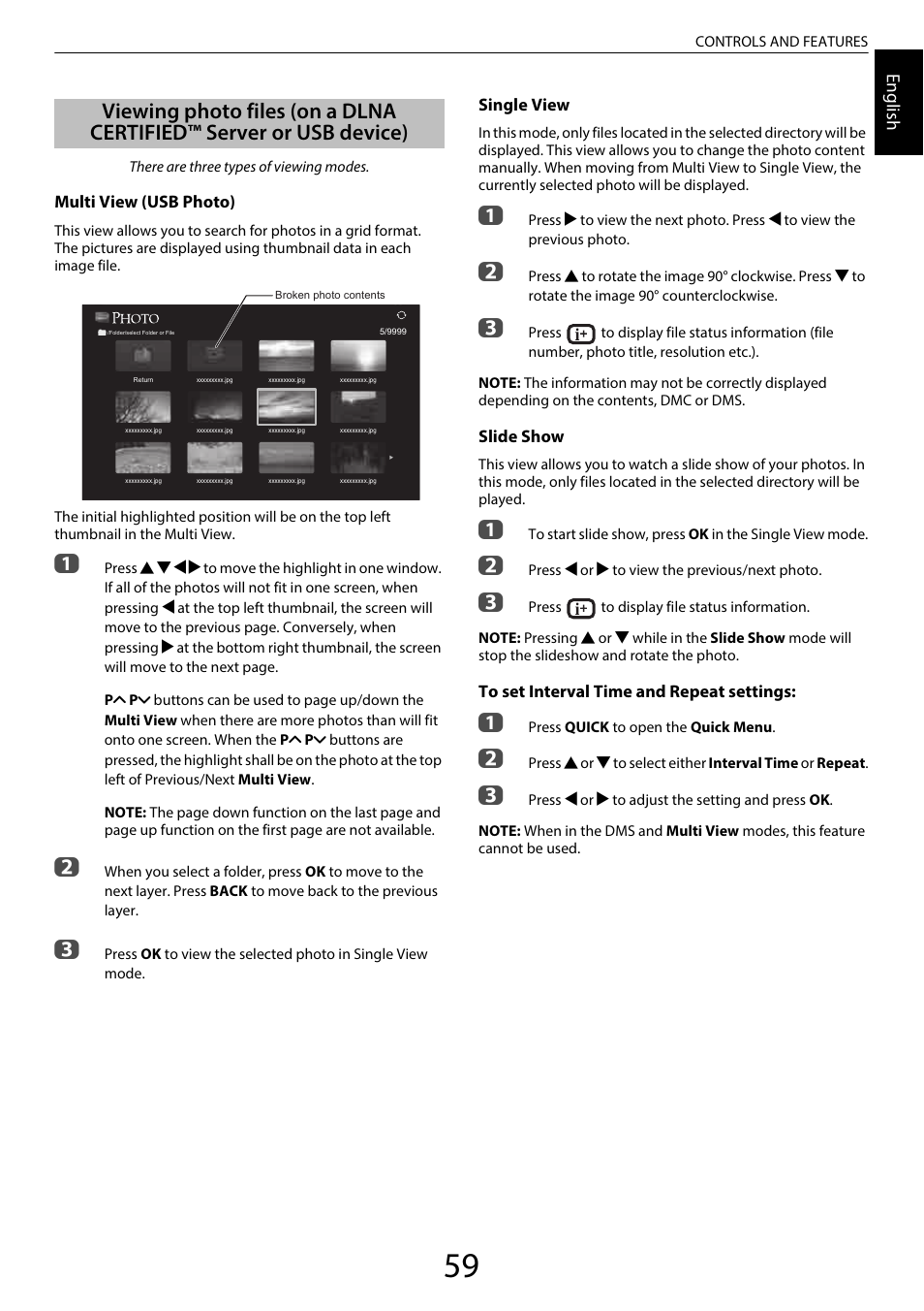 Viewing photo files, On a dlna certified™ server or usb device) | Toshiba SL980 User Manual | Page 59 / 90