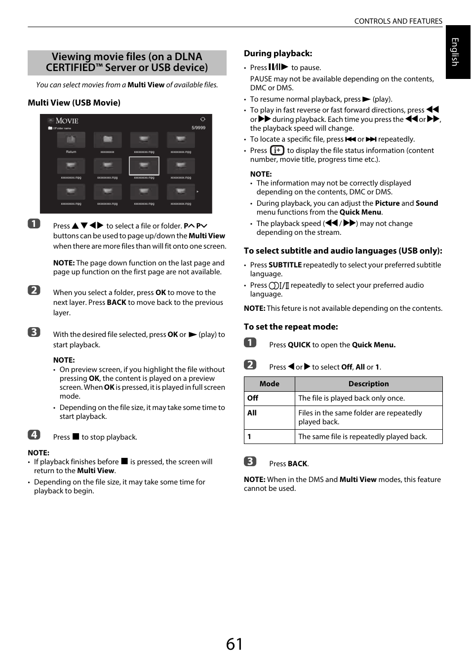 Viewing movie files, On a dlna certified™ server or usb device), Engl ish | Toshiba SL980 User Manual | Page 61 / 90