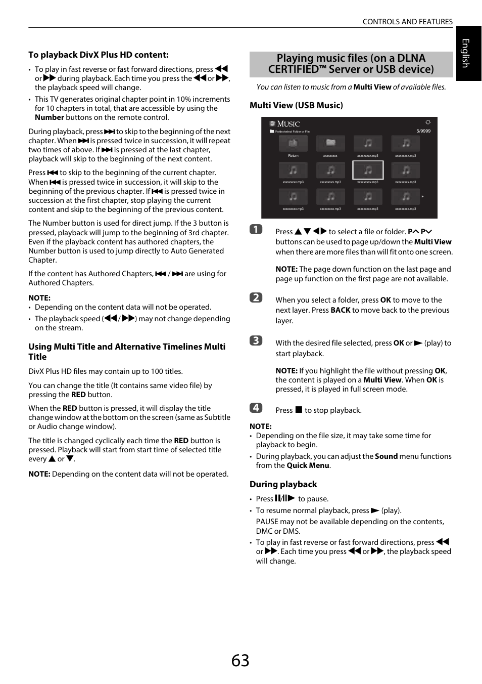 Playing music files, On a dlna certified™ server or usb device), Engl ish | Toshiba SL980 User Manual | Page 63 / 90