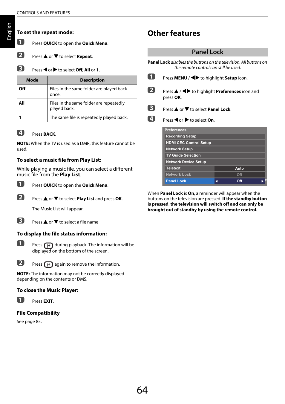 Other features, Panel lock | Toshiba SL980 User Manual | Page 64 / 90