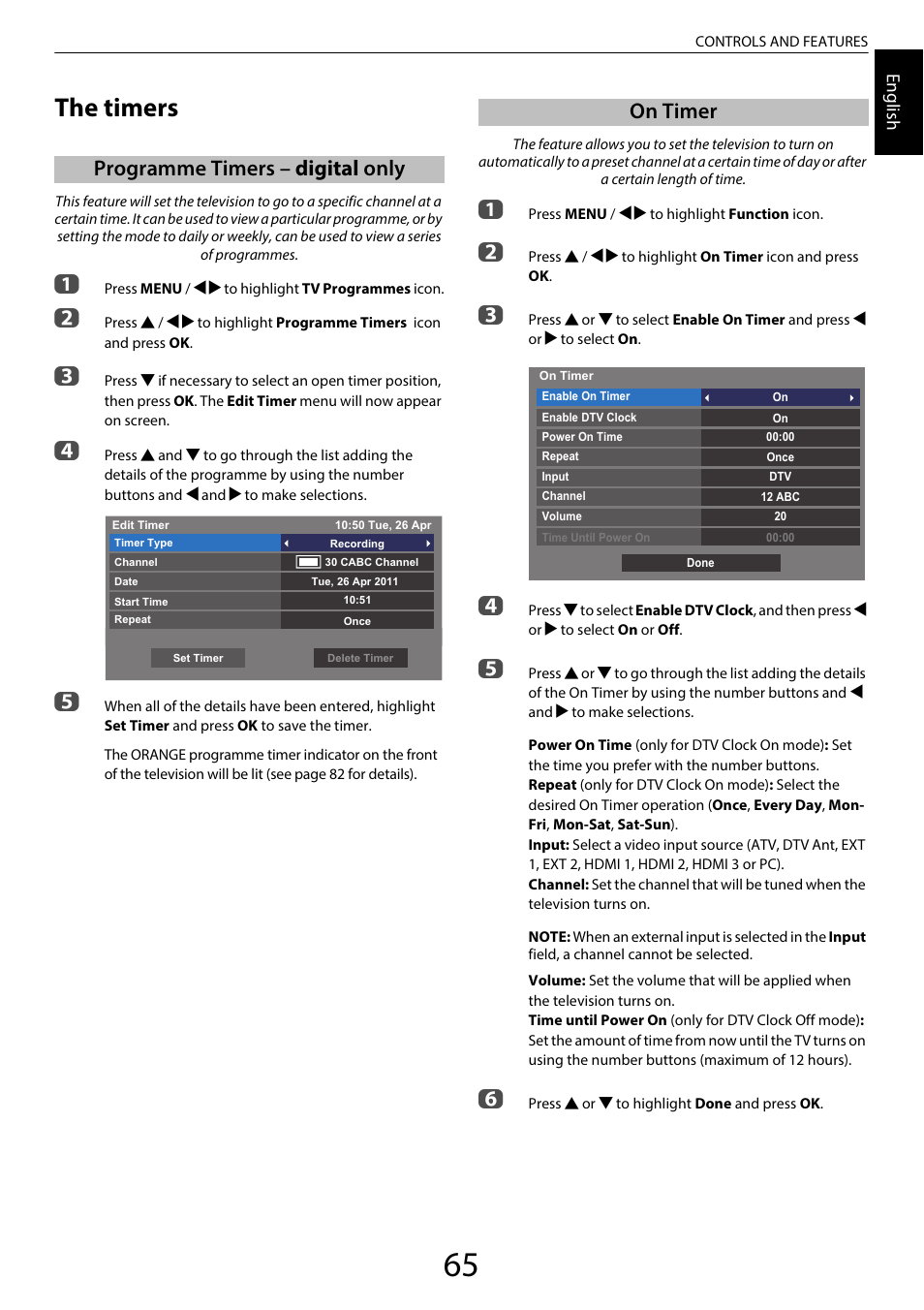 The timers, Programme timers – digital only, On timer | Programme timers – digital only on timer | Toshiba SL980 User Manual | Page 65 / 90