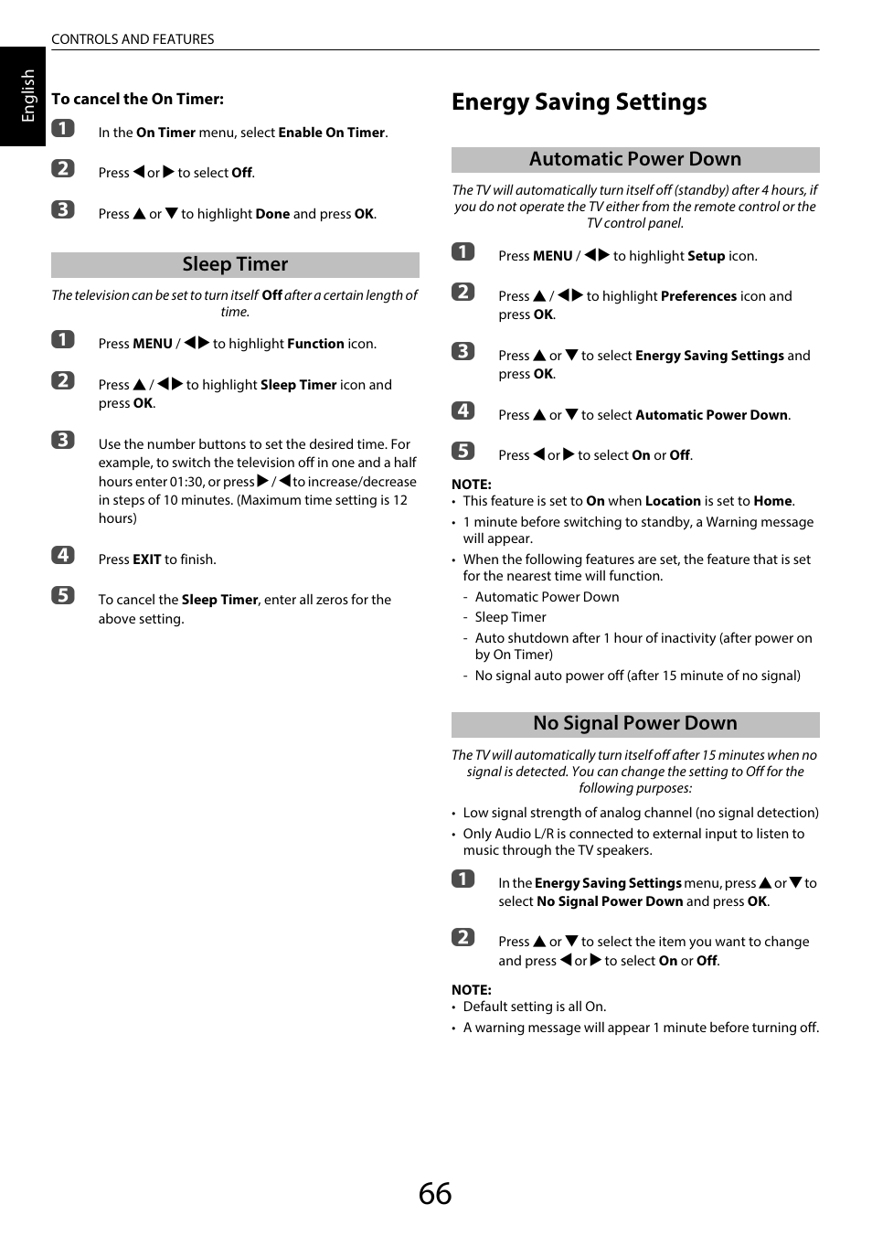 Sleep timer, Energy saving settings, Automatic power down | No signal power down, Automatic power down no signal power down | Toshiba SL980 User Manual | Page 66 / 90