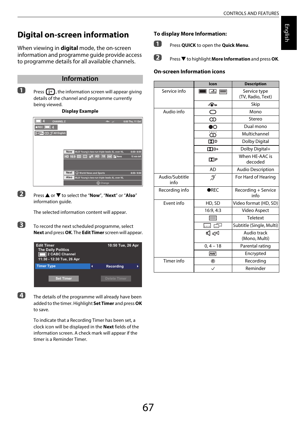 Digital on-screen information, Information, Engl ish | On-screen information icons | Toshiba SL980 User Manual | Page 67 / 90