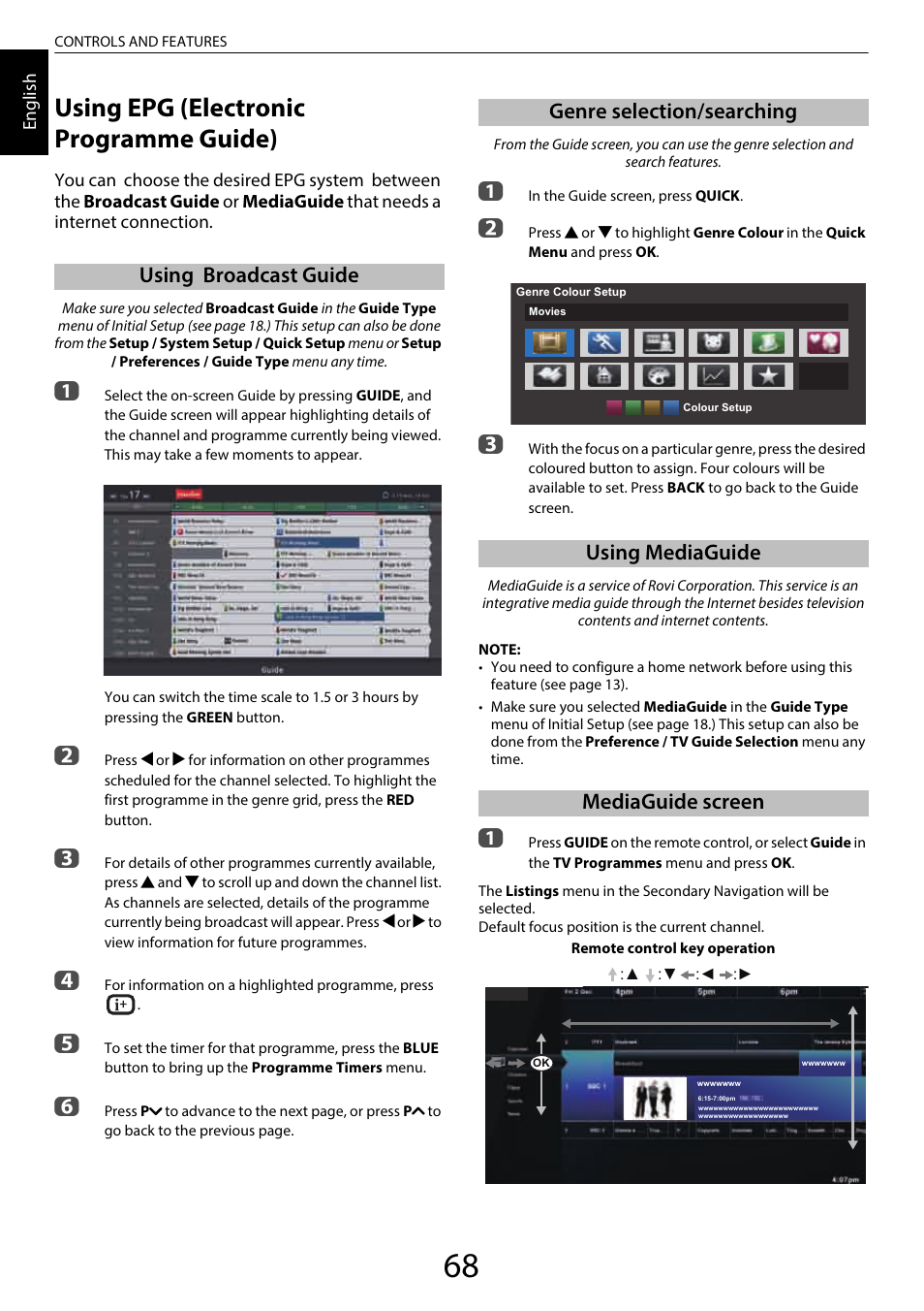 Using epg (electronic programme guide), Using broadcast guide, Genre selection/searching | Using mediaguide, Mediaguide screen | Toshiba SL980 User Manual | Page 68 / 90