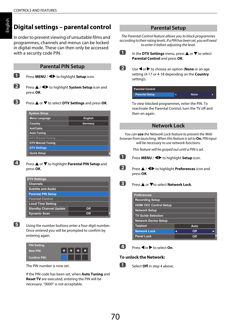 Digital settings – parental control, Parental pin setup, Parental setup | Network lock, Parental pin setup parental setup network lock, Parental setup network lock | Toshiba SL980 User Manual | Page 70 / 90