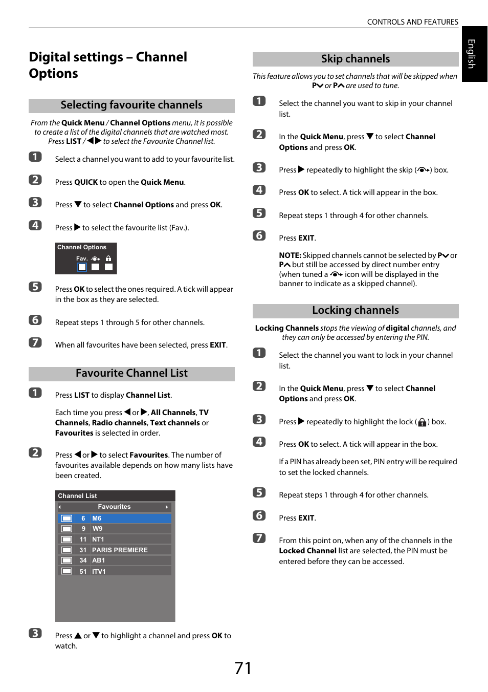 Digital settings – channel options, Selecting favourite channels, Favourite channel list | Skip channels, Locking channels, Skip channels locking channels | Toshiba SL980 User Manual | Page 71 / 90