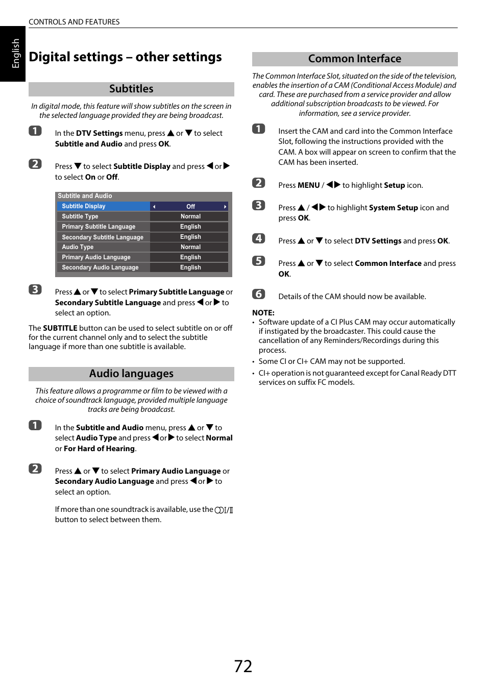 Digital settings – other settings, Subtitles, Audio languages | Common interface, Subtitles audio languages common interface, Subtitles audio languages | Toshiba SL980 User Manual | Page 72 / 90