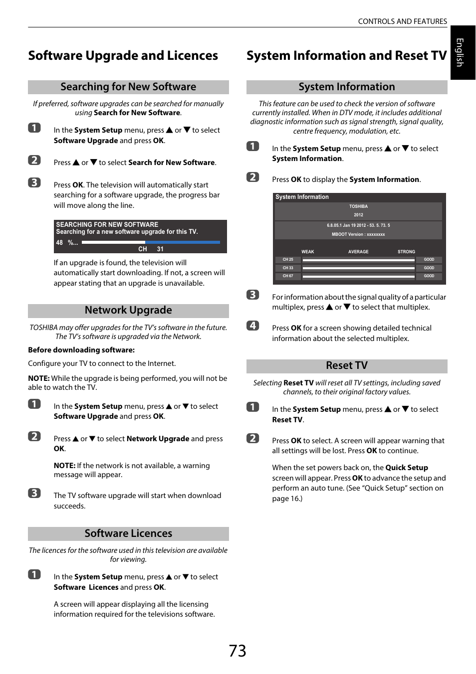 Software upgrade and licences, Searching for new software, Network upgrade | Software licences, System information and reset tv, System information, Reset tv, System information reset tv | Toshiba SL980 User Manual | Page 73 / 90
