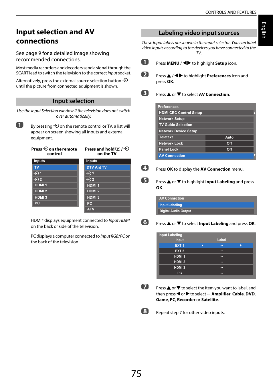 Input selection and av connections, Input selection, Labeling video input sources | Input selection labeling video input sources, Engl ish | Toshiba SL980 User Manual | Page 75 / 90