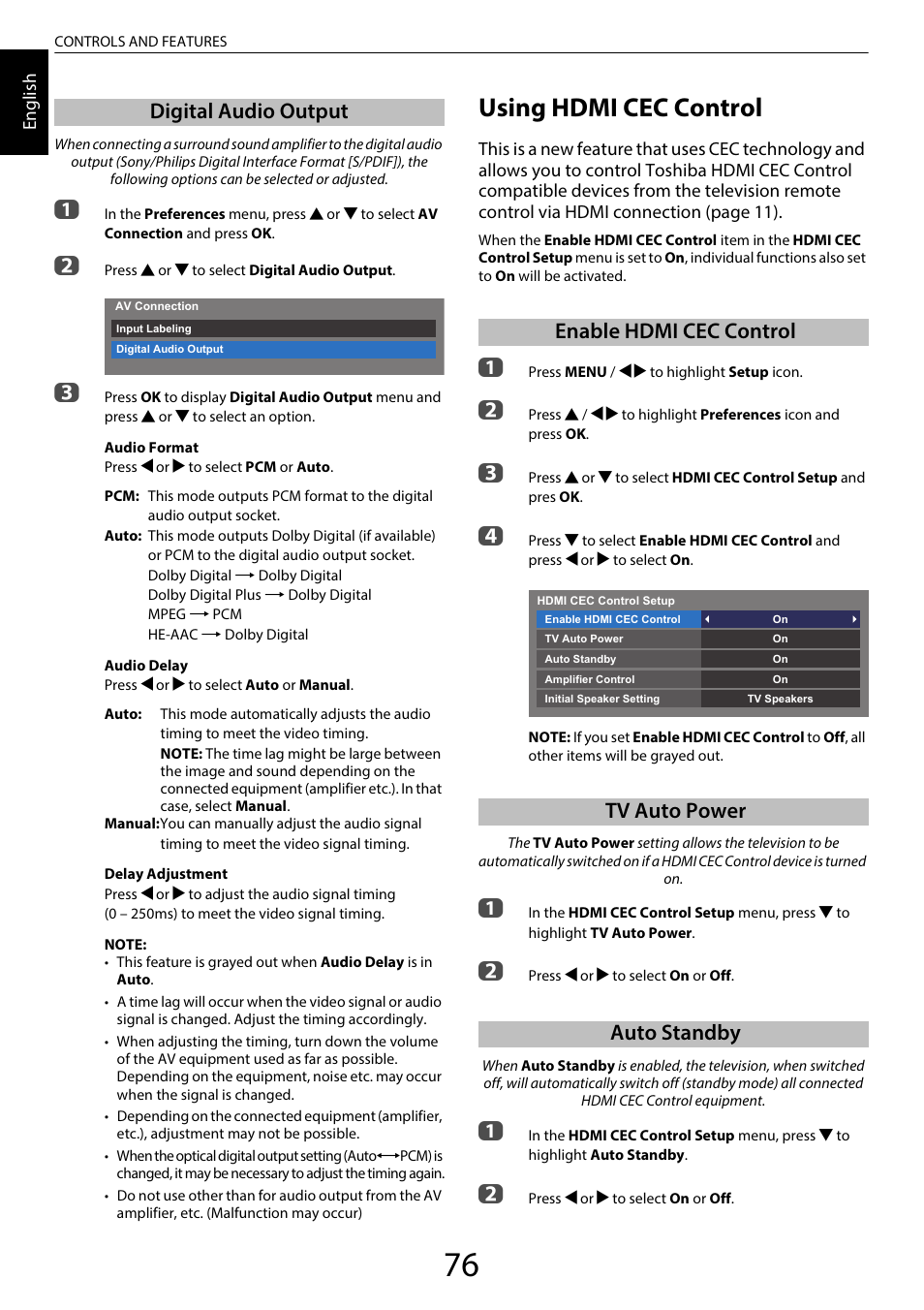 Digital audio output, Using hdmi cec control, Enable hdmi cec control | Tv auto power, Auto standby, Enable hdmi cec control tv auto power auto standby | Toshiba SL980 User Manual | Page 76 / 90