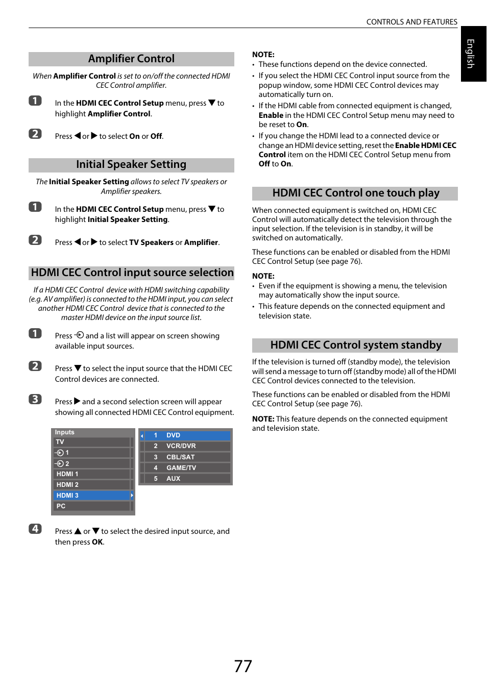 Amplifier control, Initial speaker setting, Hdmi cec control input source selection | Hdmi cec control one touch play, Hdmi cec control system standby | Toshiba SL980 User Manual | Page 77 / 90