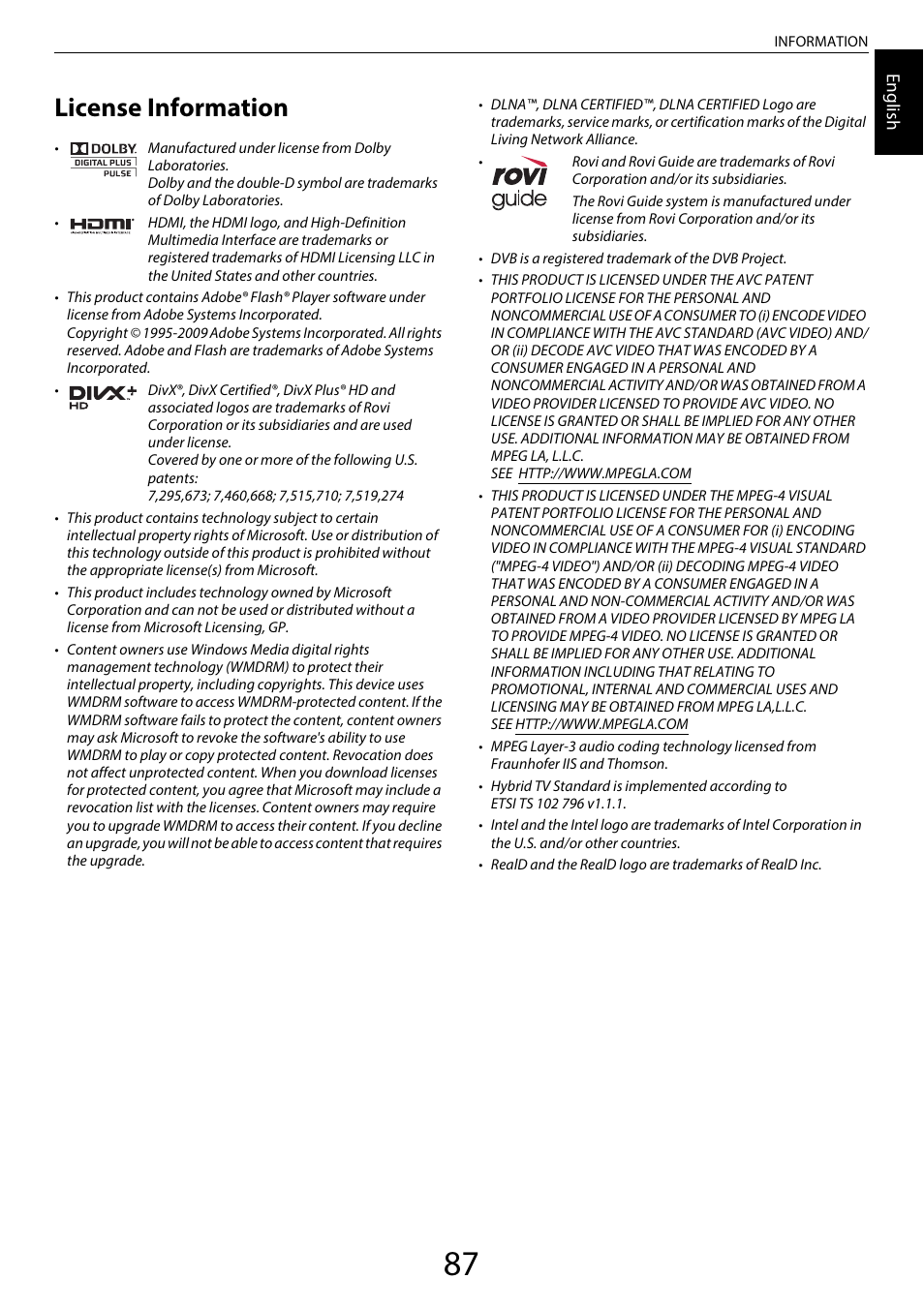 License information | Toshiba SL980 User Manual | Page 87 / 90