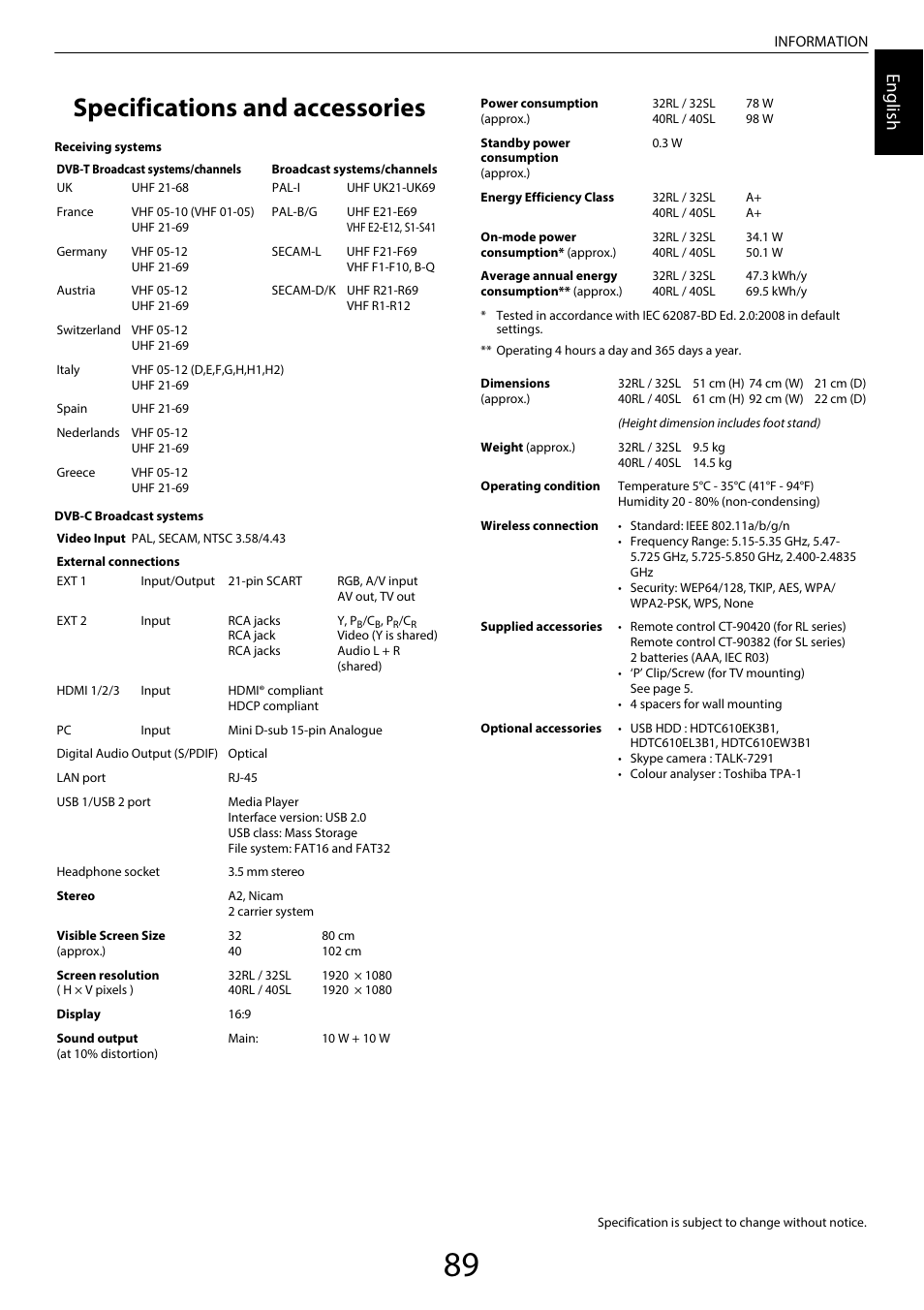 Specifications and accessories, Engl ish | Toshiba SL980 User Manual | Page 89 / 90