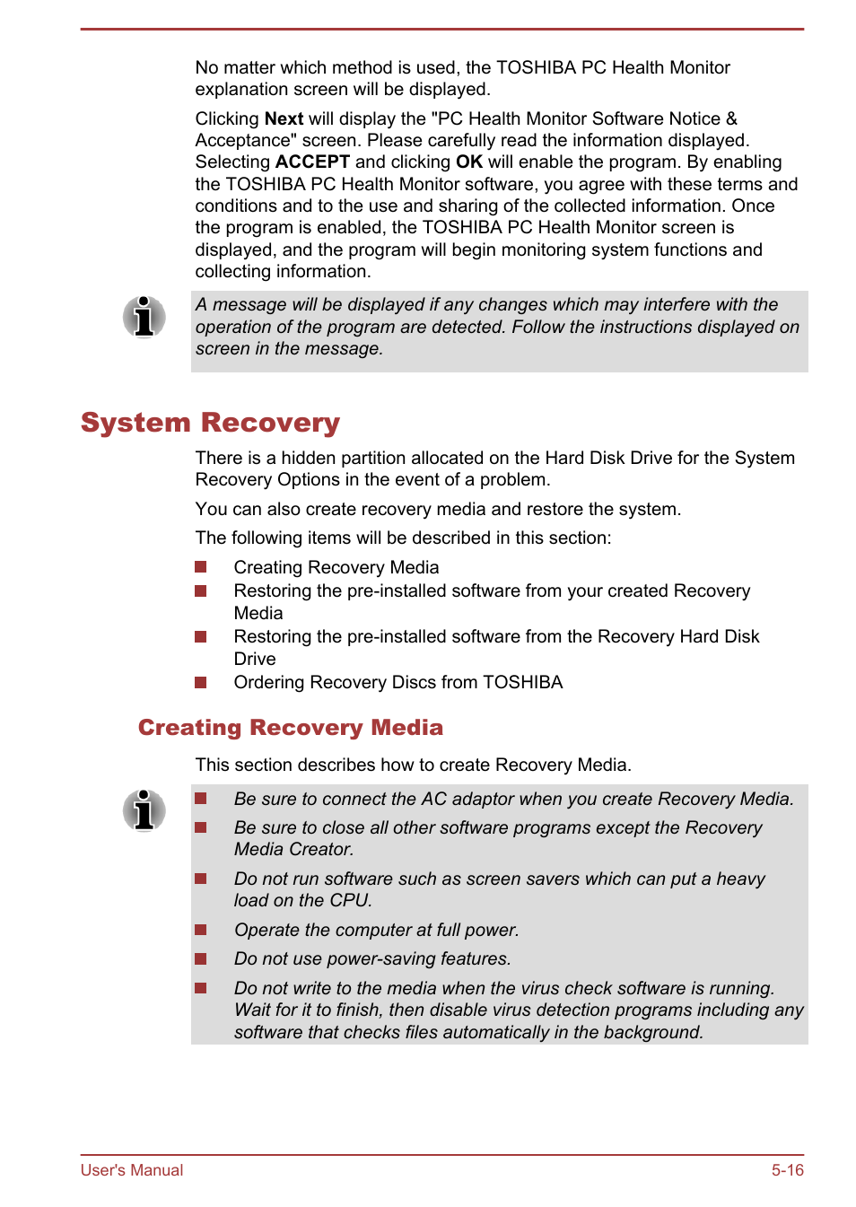 System recovery, Creating recovery media, System recovery -16 | Toshiba Satellite C875D User Manual | Page 116 / 138