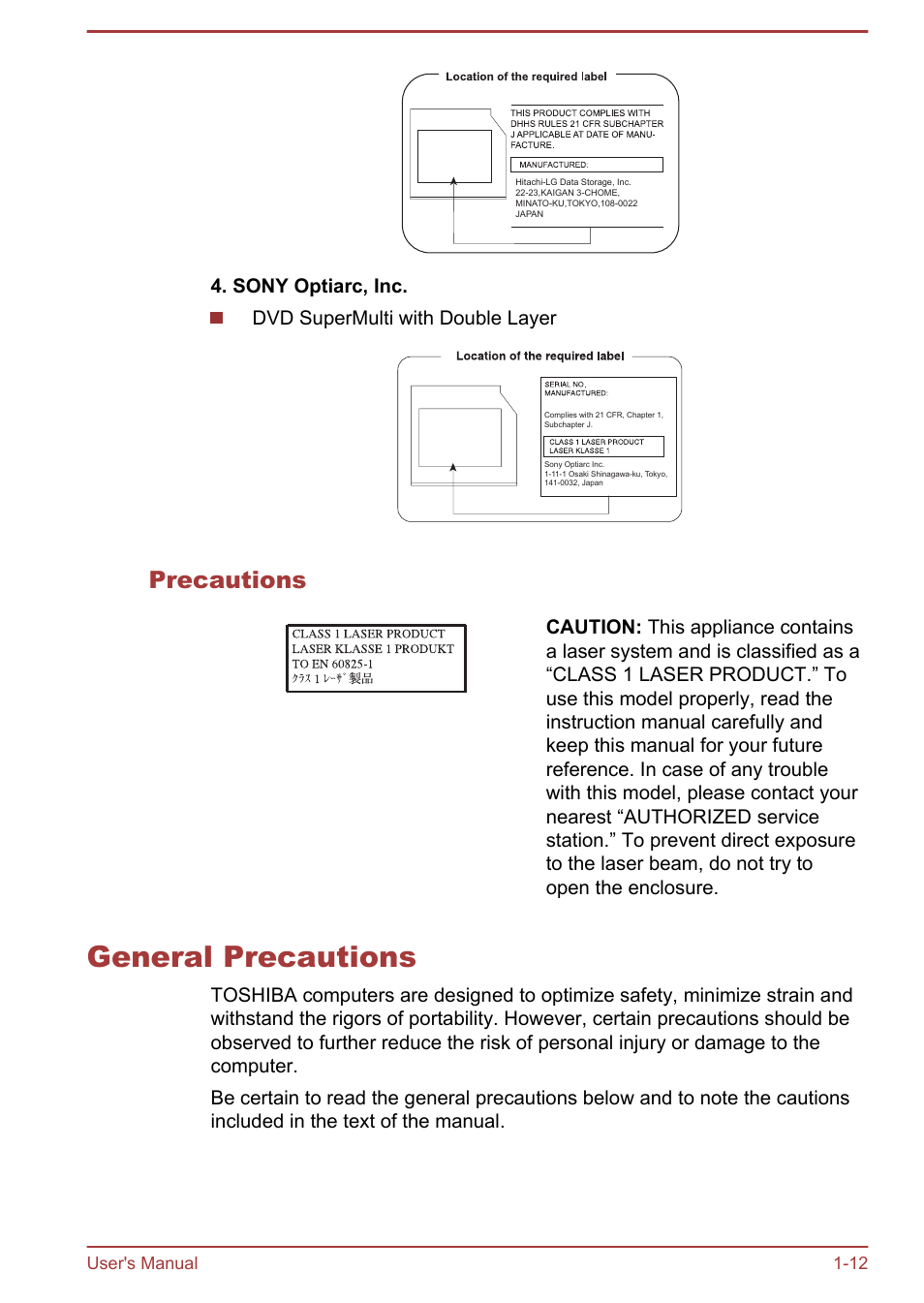 Precautions, General precautions, General precautions -12 | User's manual 1-12 | Toshiba Satellite C875D User Manual | Page 16 / 138