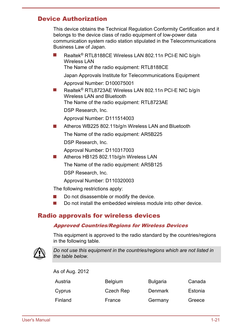 Device authorization, Radio approvals for wireless devices | Toshiba Satellite C875D User Manual | Page 25 / 138