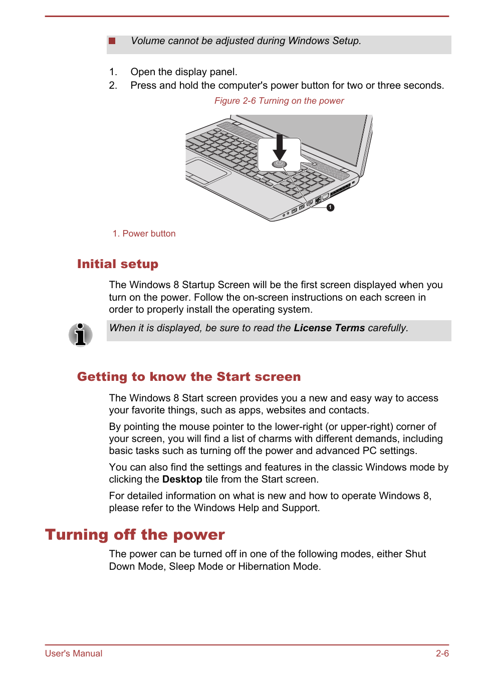 Initial setup, Getting to know the start screen, Turning off the power | Turning off the power -6 | Toshiba Satellite C875D User Manual | Page 35 / 138