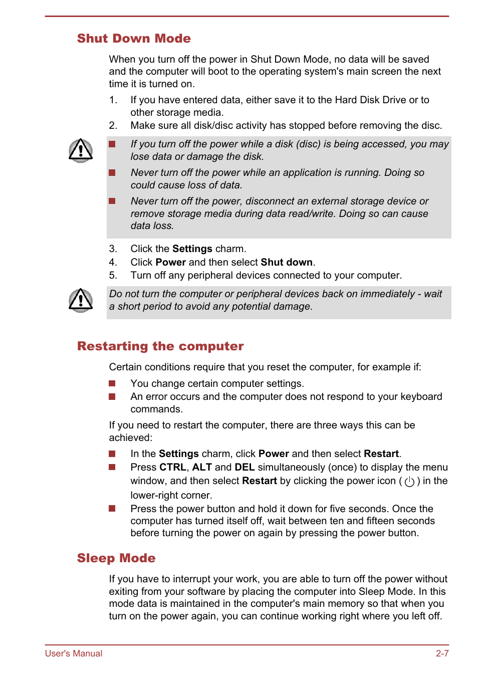 Shut down mode, Restarting the computer, Sleep mode | Toshiba Satellite C875D User Manual | Page 36 / 138
