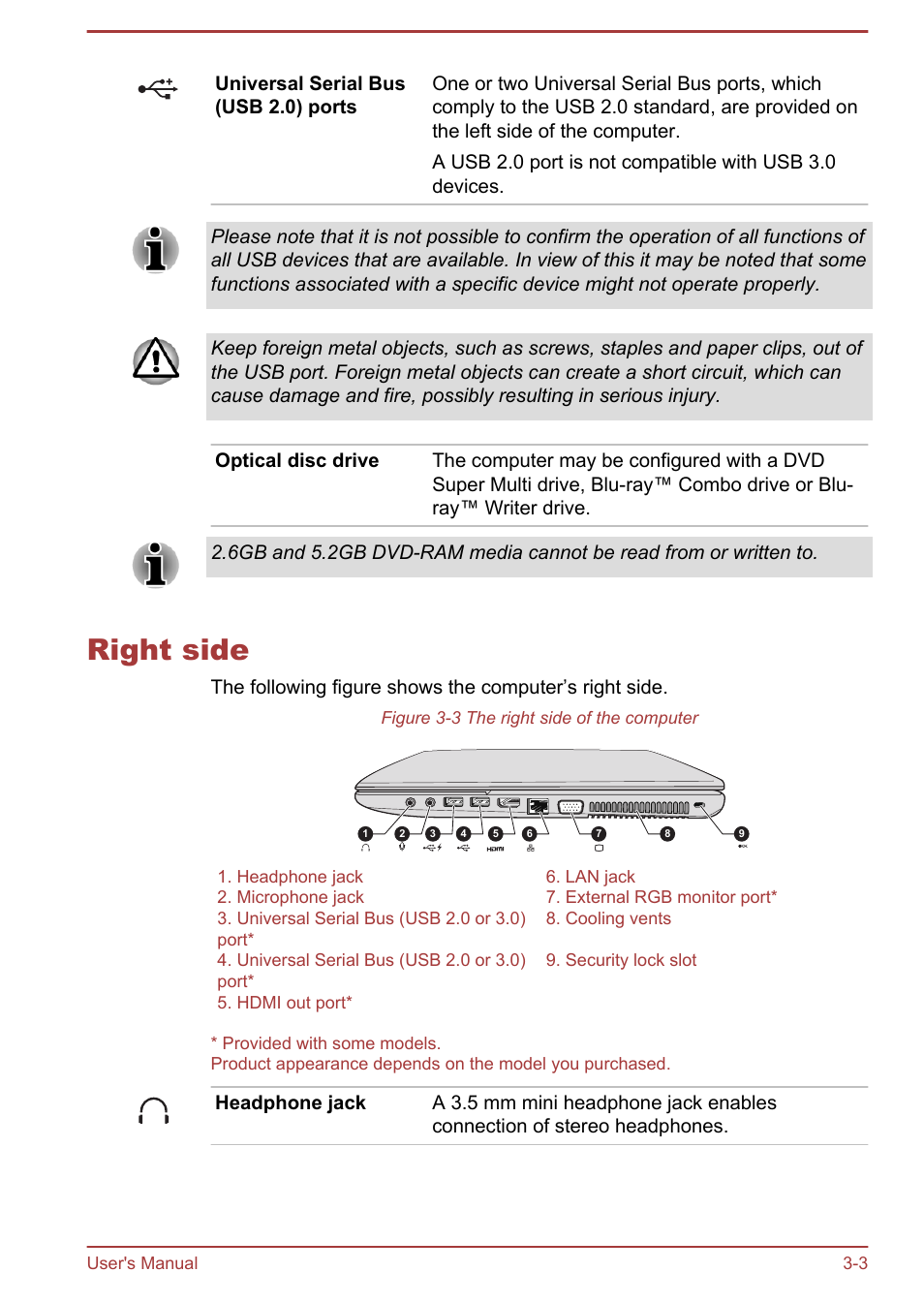 Right side, Right side -3 | Toshiba Satellite C875D User Manual | Page 43 / 138