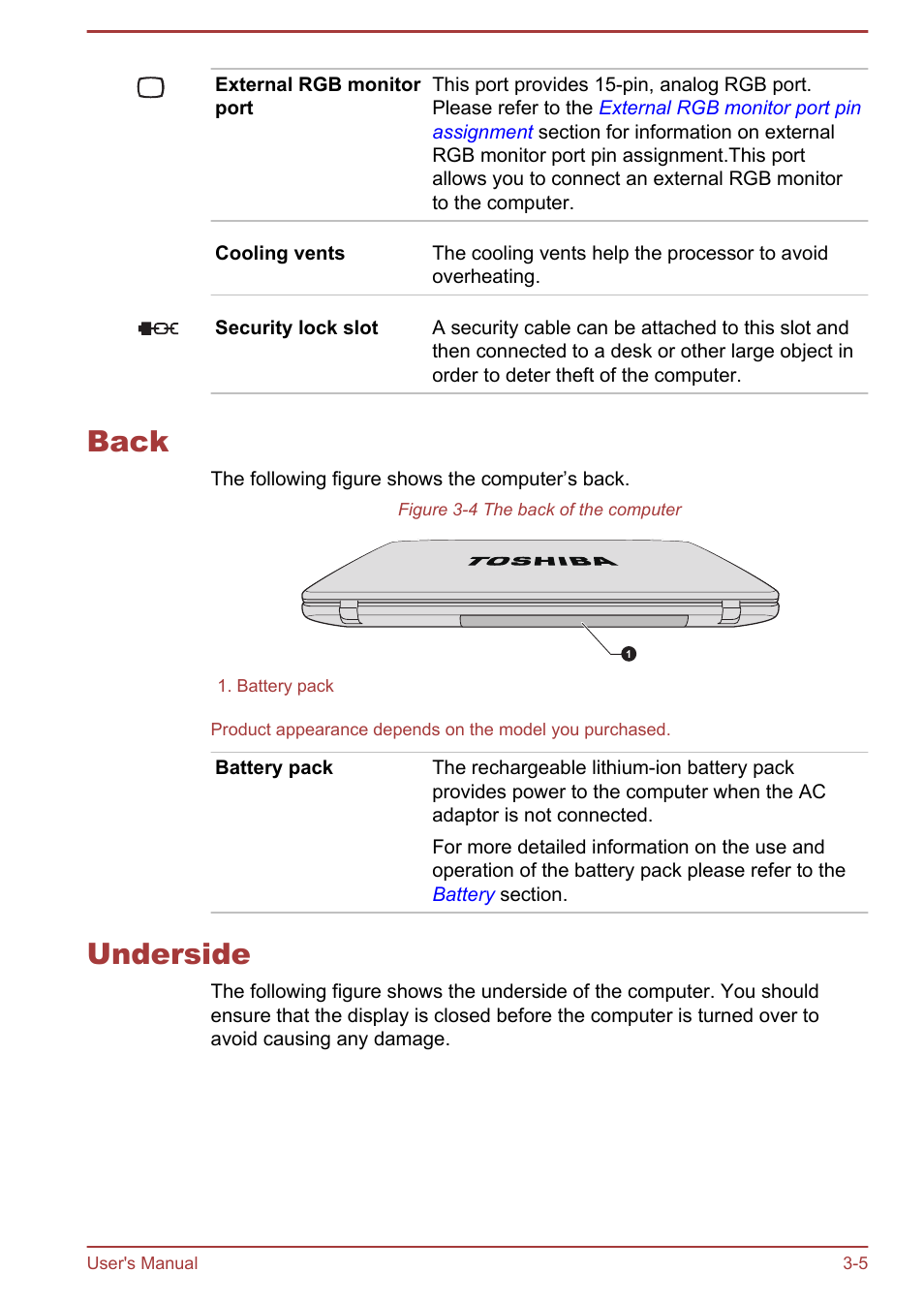 Back, Underside, Back -5 underside -5 | Toshiba Satellite C875D User Manual | Page 45 / 138