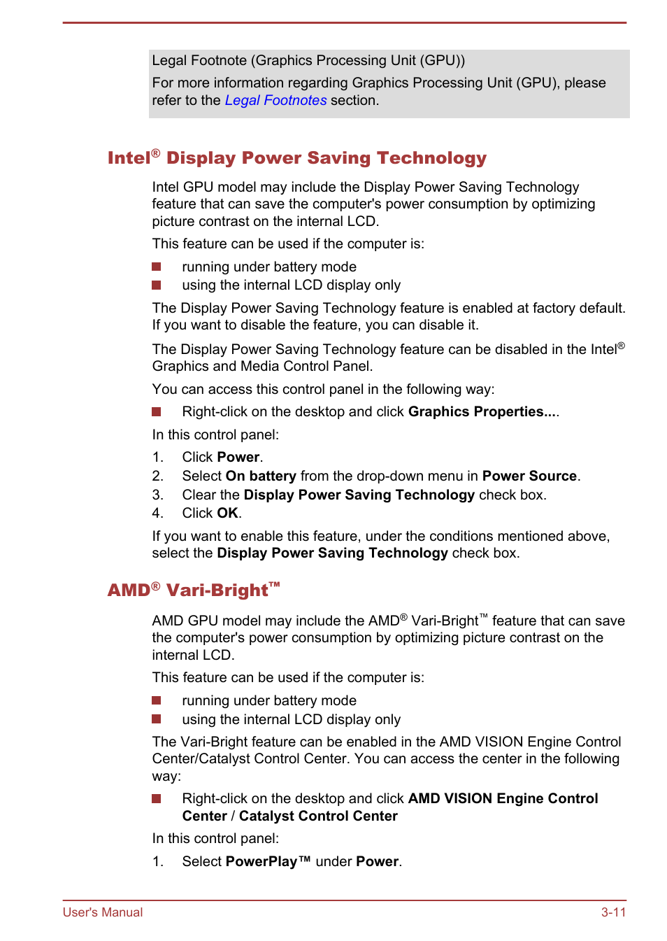 Intel® display power saving technology, Amd® vari-bright, Intel | Display power saving technology, Vari-bright | Toshiba Satellite C875D User Manual | Page 51 / 138