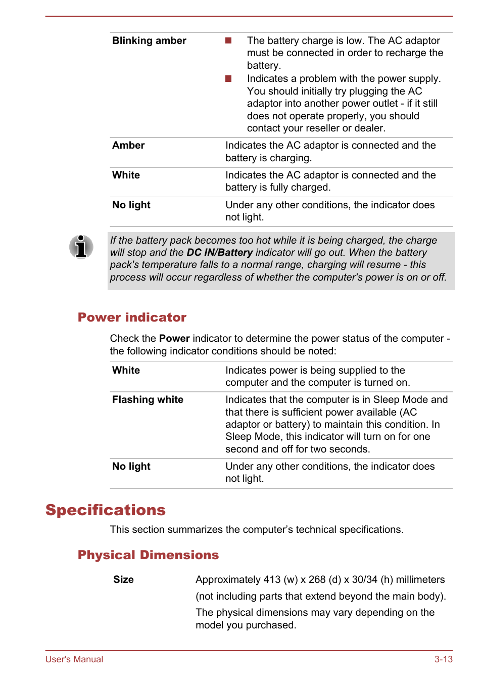 Power indicator, Specifications, Physical dimensions | Specifications -13 | Toshiba Satellite C875D User Manual | Page 53 / 138