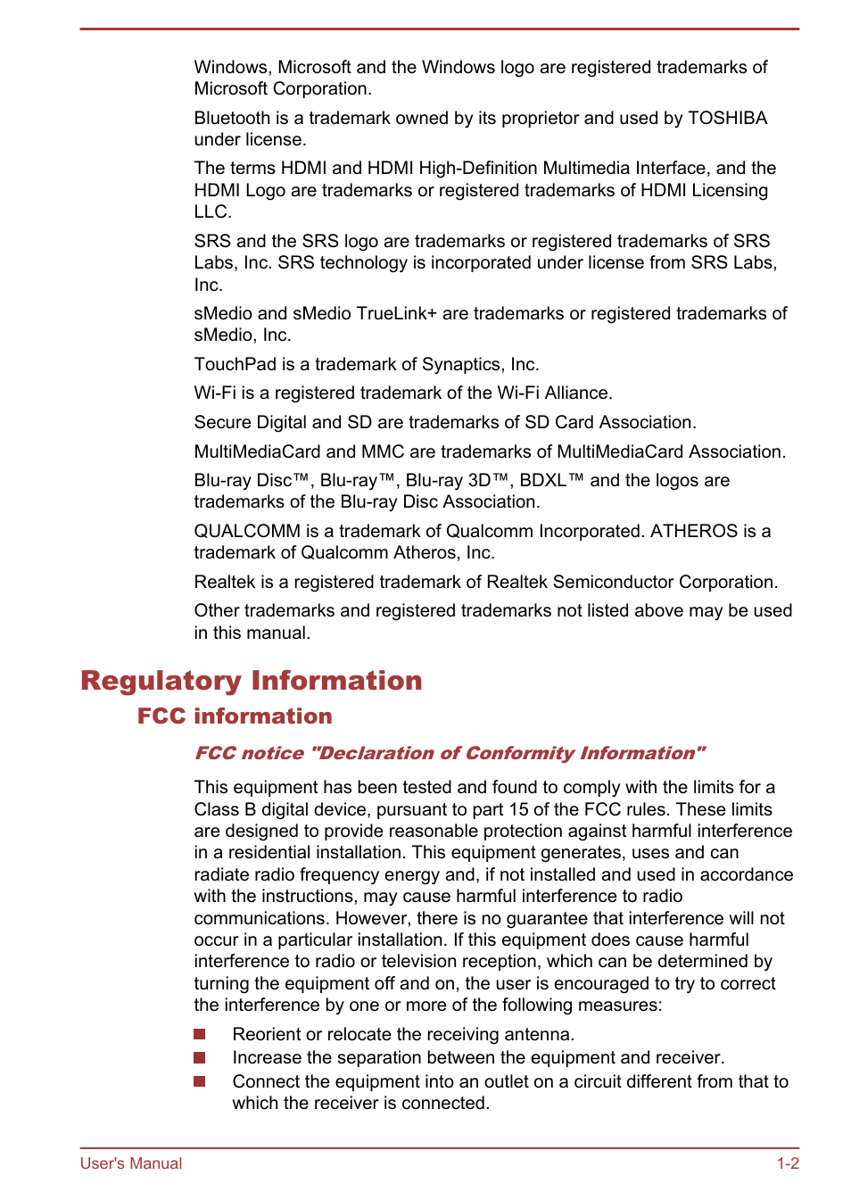 Regulatory information, Fcc information, Regulatory information -2 | Toshiba Satellite C875D User Manual | Page 6 / 138