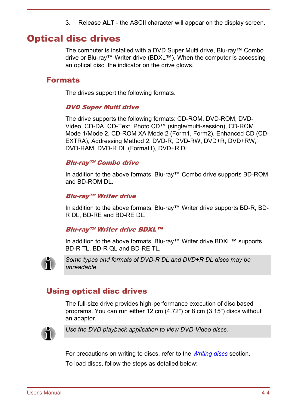 Optical disc drives, Formats, Using optical disc drives | Optical disc drives -4 | Toshiba Satellite C875D User Manual | Page 60 / 138