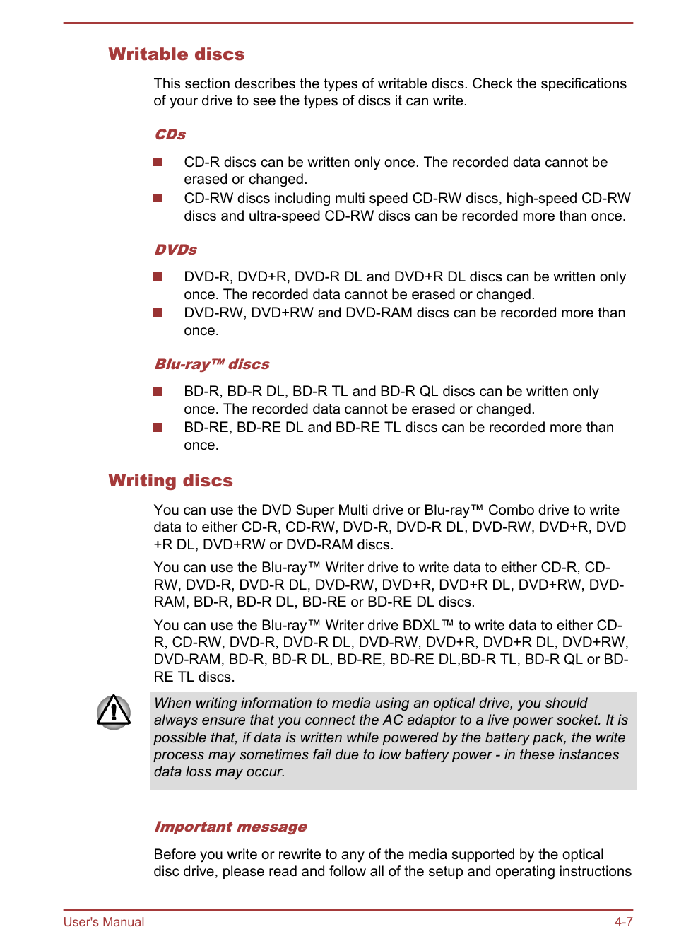 Writable discs, Writing discs | Toshiba Satellite C875D User Manual | Page 63 / 138