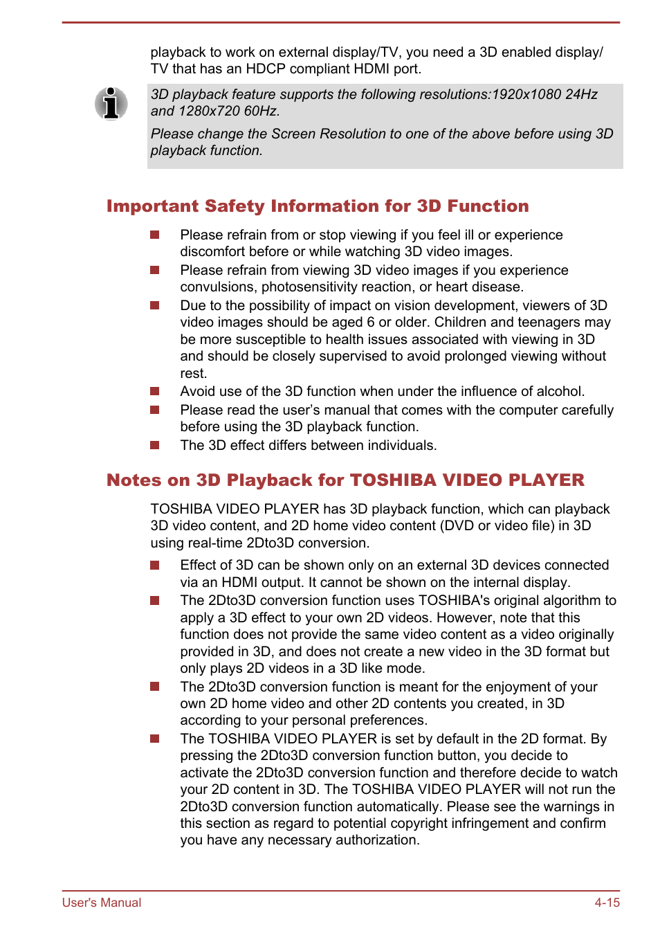 Important safety information for 3d function, Notes on 3d playback for toshiba video player | Toshiba Satellite C875D User Manual | Page 71 / 138