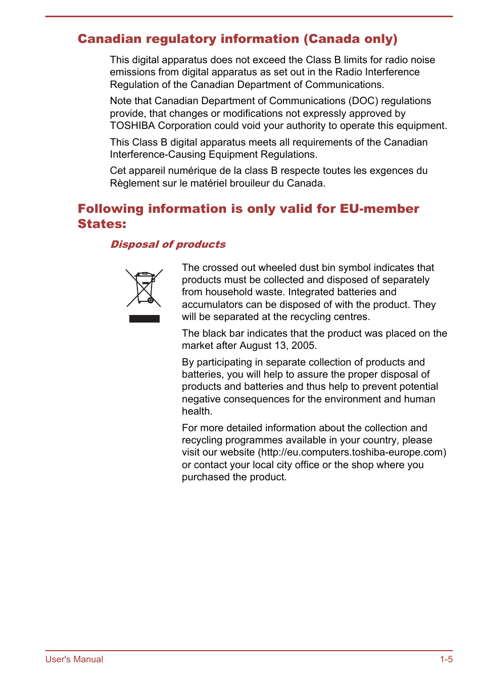 Canadian regulatory information (canada only) | Toshiba Satellite C875D User Manual | Page 9 / 138